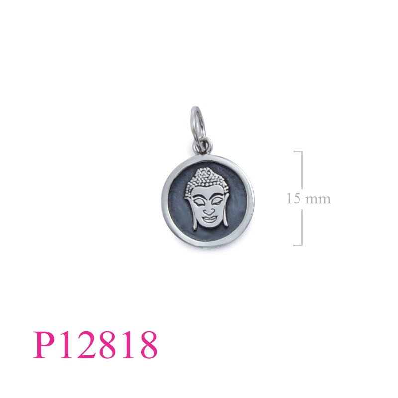 <p>Pendant, 15mm pop out Buddha face round tag.</p>