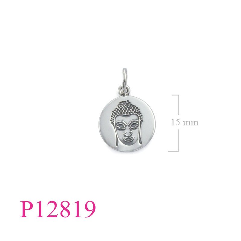 <p>Pendant, 15mm Buddha face round tag.</p>