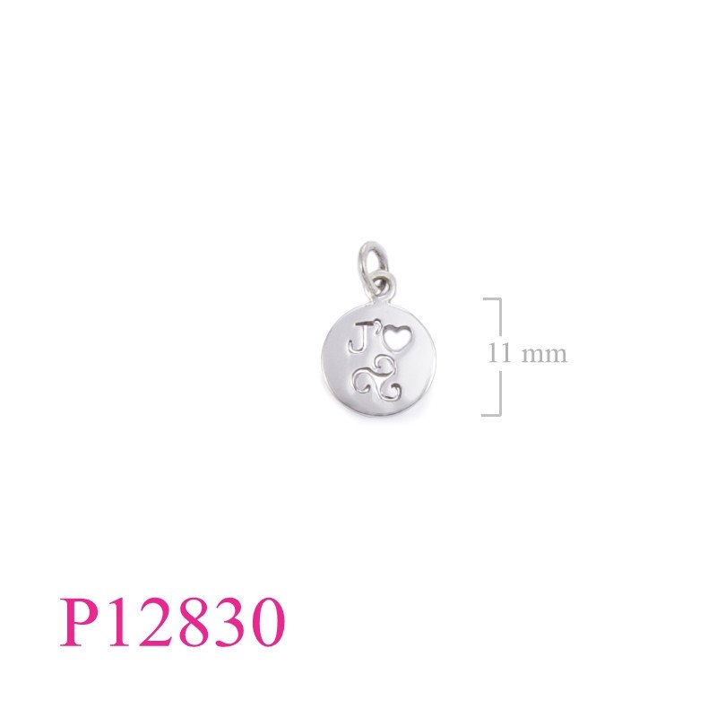 <p>Pendant, 10mm "J' heart & spiral" round tag.</p>