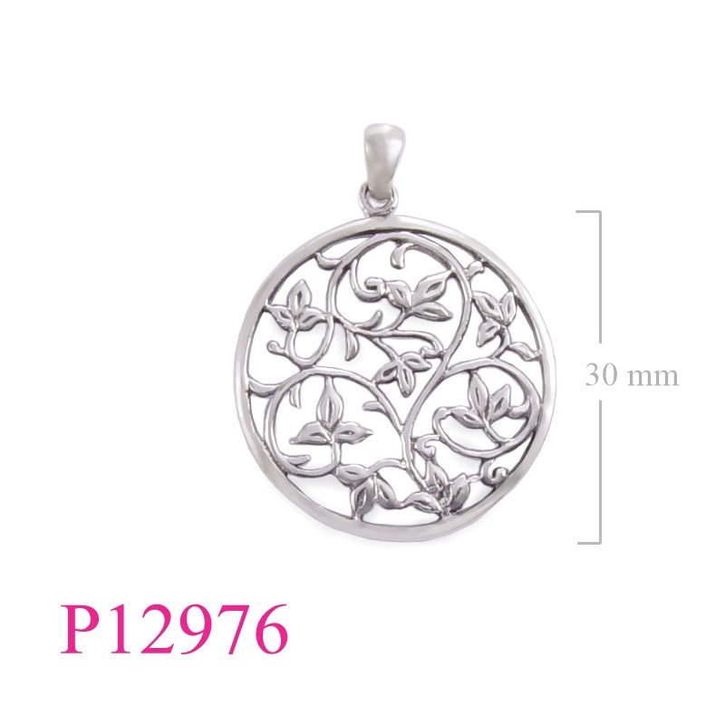<p>Pendant, round cut out vines design.</p>