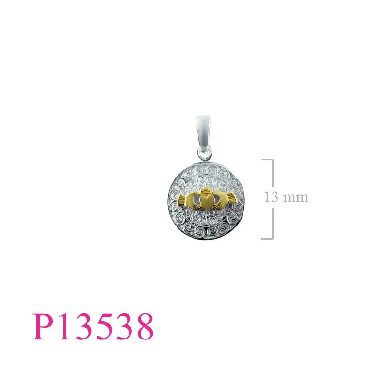 <p>Claddagh Pendant, 2 tone 1 micron Gold plated Claddagh on round.</p>