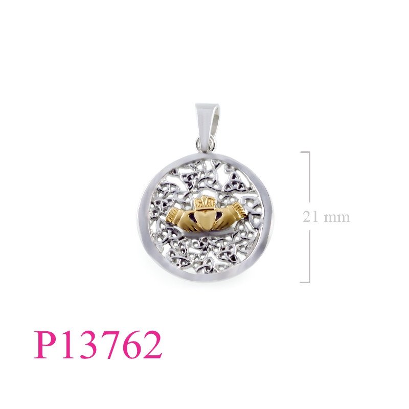 <p>Pendant, Claddagh on open Trinities round design.</p>