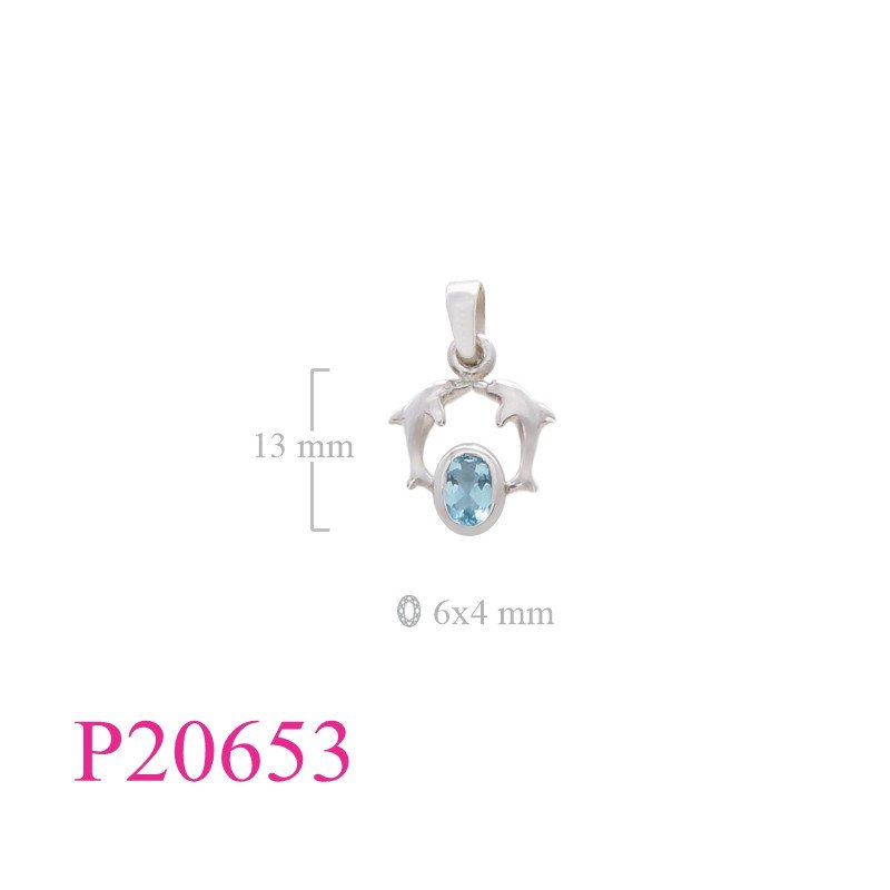 <p>Stone Pendant, double dolphines with 6x4mm oval real stone.</p>