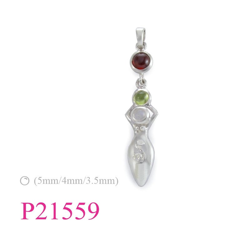 <p>Pendant, Mother earth with 3 round Garnet, Peridot and Moon stones.</p>