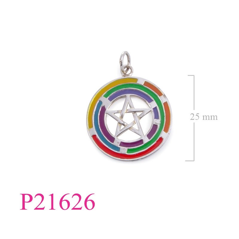 <p>Pendant, star in multi colours round enamel.</p>
