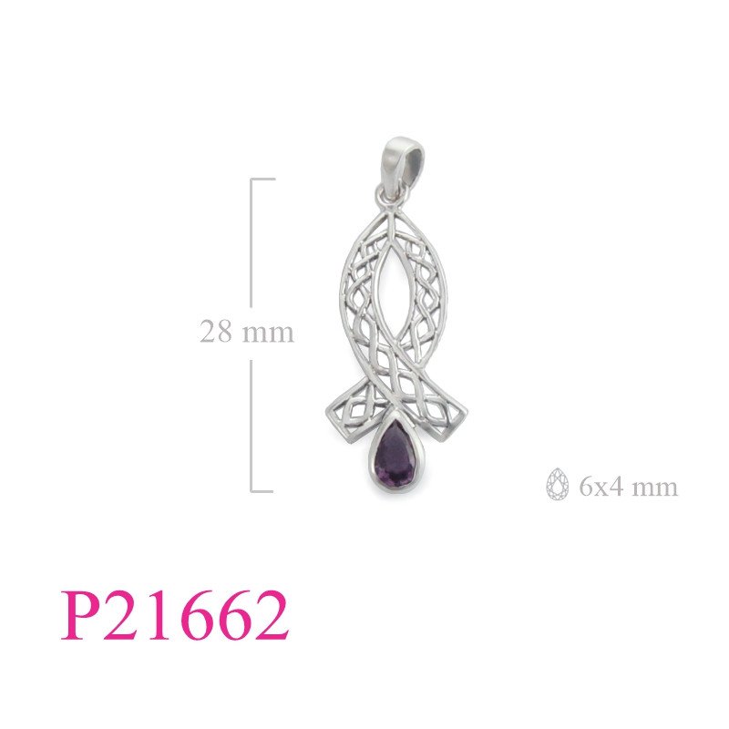 <p>Pendant, fish cut out design and drop stone.</p>