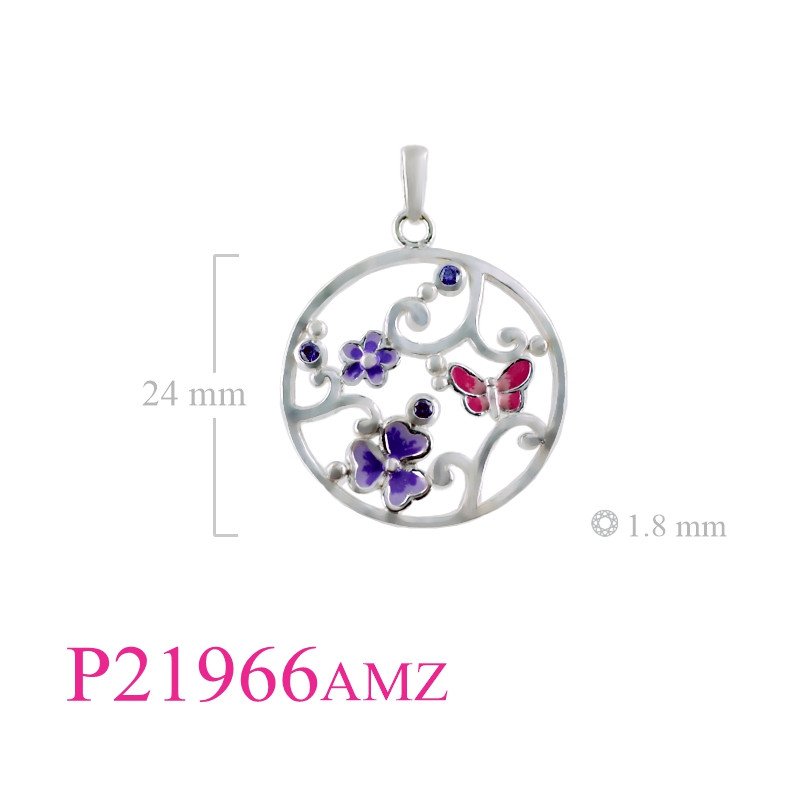 <p>Stone Pendant, enamel flowers and butterfly in round with Amethyst CZ stones.</p>
