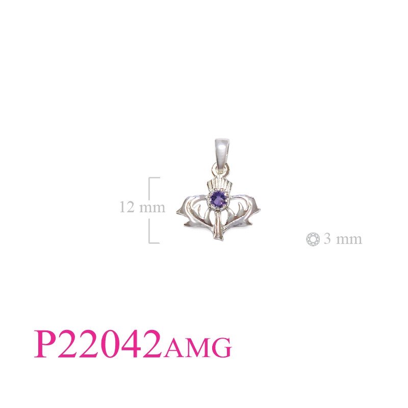 <p>Pendant, Thistle with 3mm round Amethyst Glass stone.</p>
