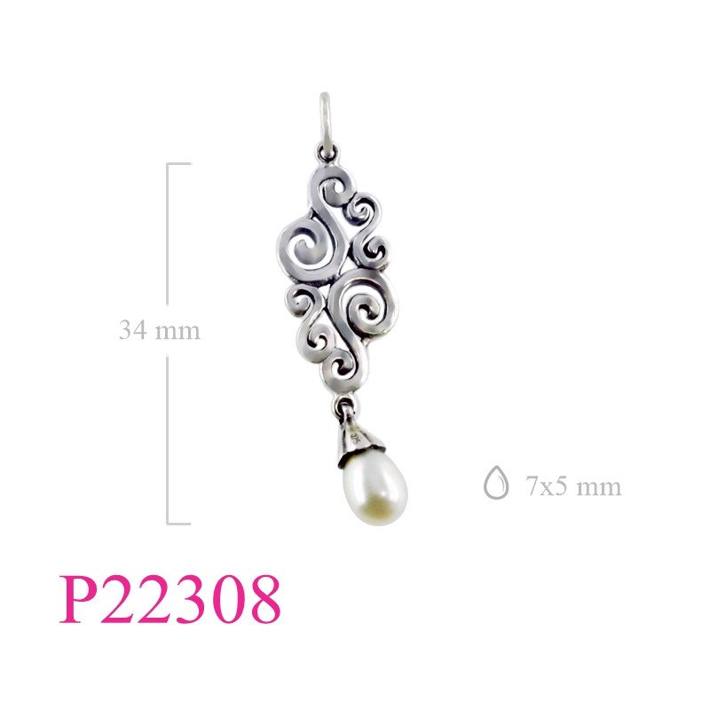 <p>Pendant, spirals Arabesque design with hanging drop perl.</p>