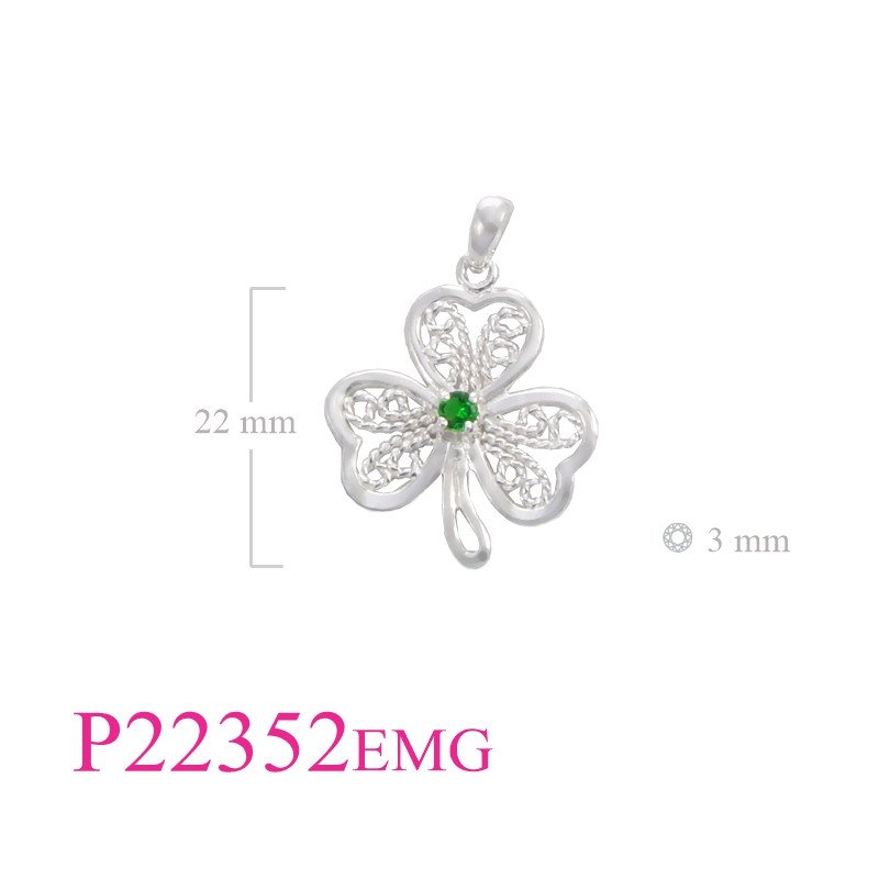 <p>Pendant, filigree Shamrock with Emerald Glass round stone.</p>