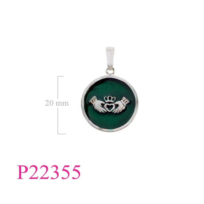 <p>Pendant, Rhodium plated Claddagh in round enamel.</p>