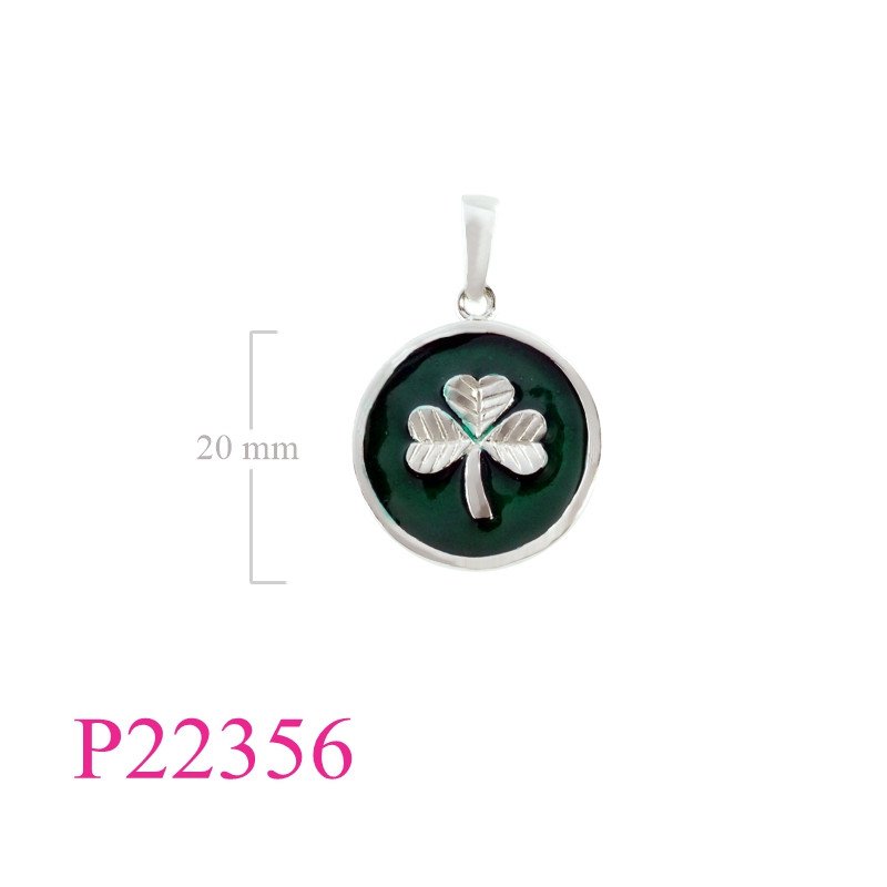 <p>Pendant, Rhodium plated Shamrock in round enamel.</p>