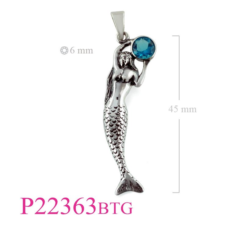 <p>Pendant, mermaid holding round Blue Topaz Glass stone.</p>