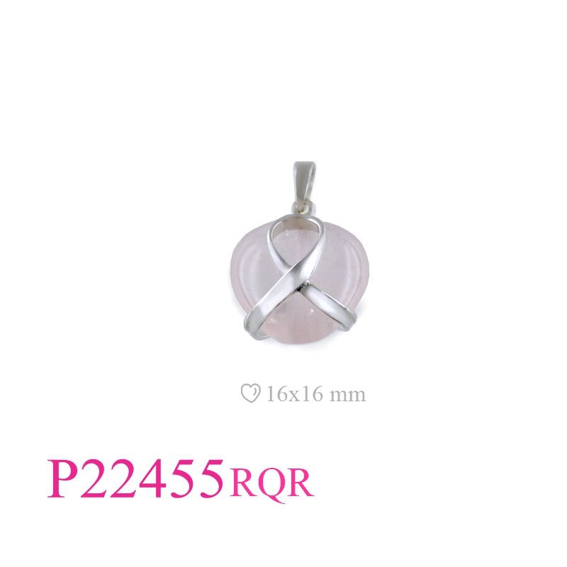 <p>Pendant, breast cancer ribbon with 16mm Rose Quartz heart.</p>