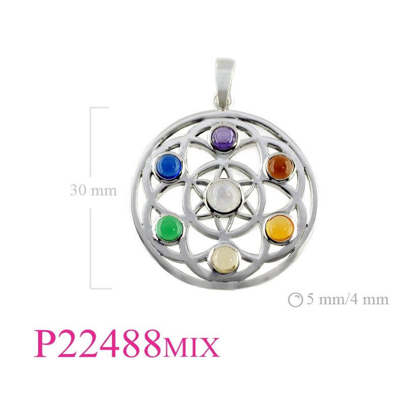 <p>Pendant, 30mm round flower of life with 7 colours stones.</p>