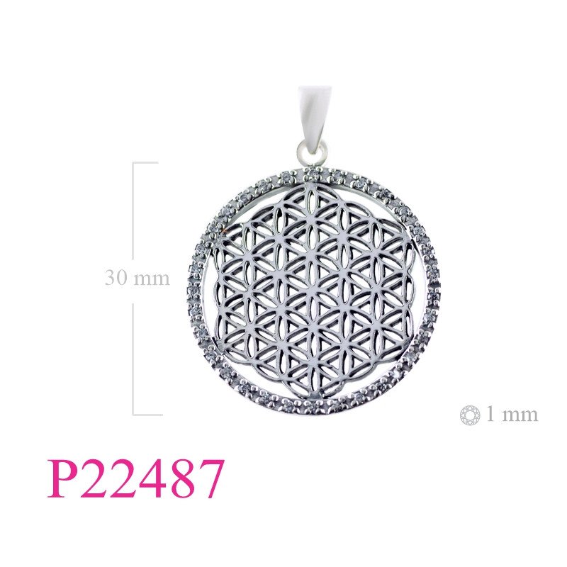 <p>Pendant, 30mm round flower of life stencil with small CCZs around edge.</p>