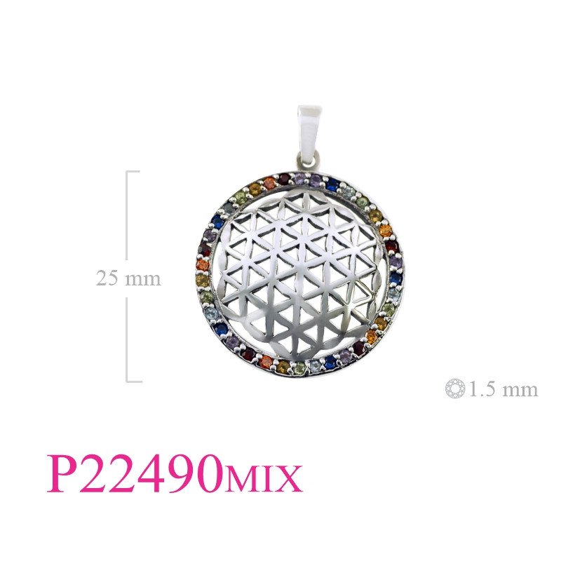 <p>Stone Pendant, 25mm flower of life with Mix colour stones on edge.</p>