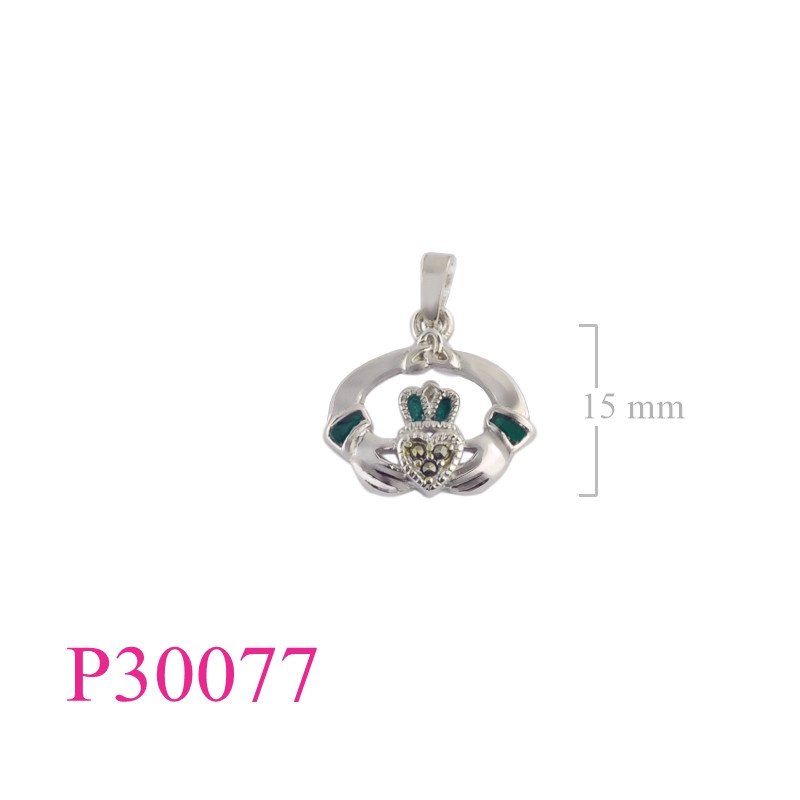 <p>Marcasite Pendant, 15mm enamel Claddagh.</p>