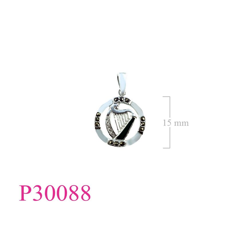 <p>Marcasite Pendant, enamel harp in circle.</p>