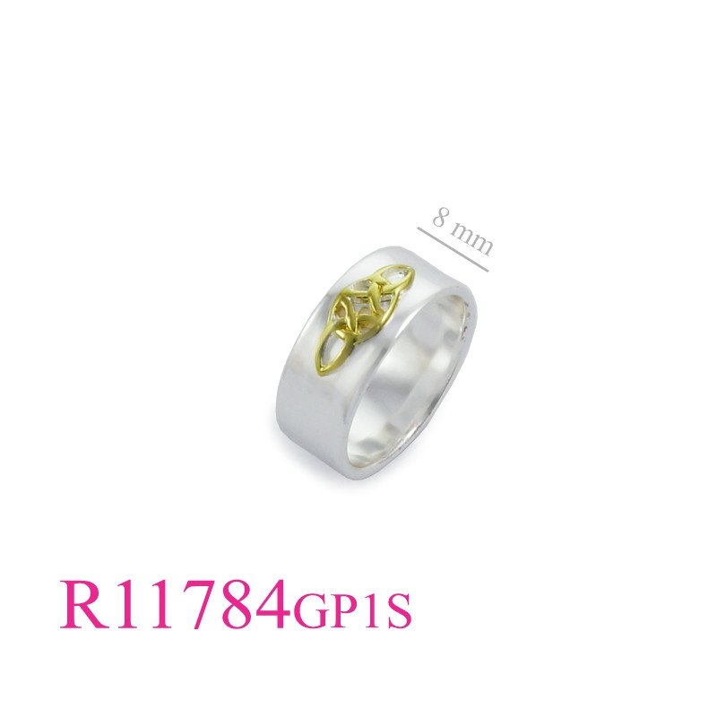 <p>Ring, 1 micron Gold plated + e coating double Trinity knots on 8mm band.</p>