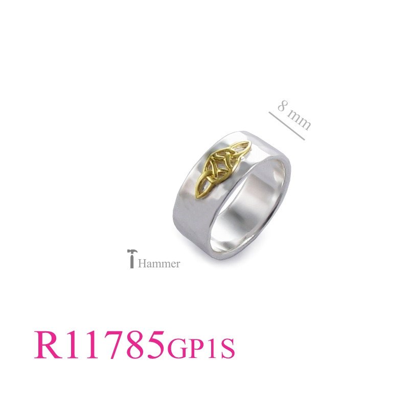 <p>Ring, 1 micron Gold plated + e coating double Trinities on 8mm hammered band.</p>