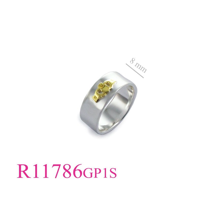 <p>Ring, 1 micron Gold plated + e coating Claddagh on 8mm  band.</p>