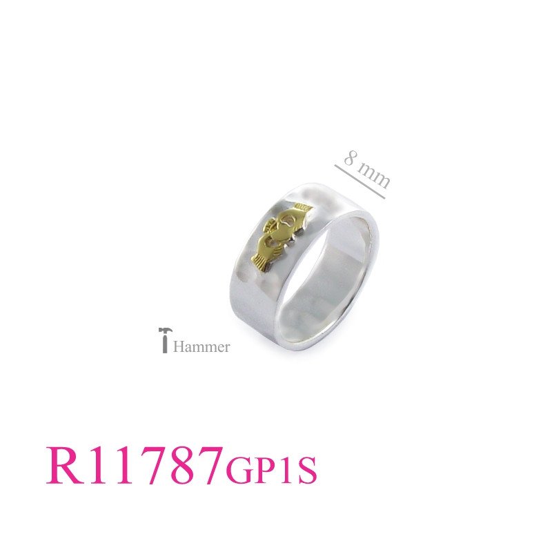 <p>Ring. Claddagh with gold plated + e coating Claddagh on 8mm hammered band.</p>