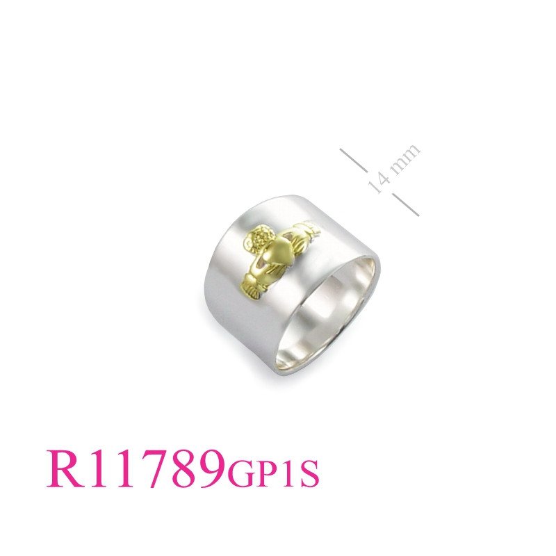 <p>Ring, 1 micron Gold plated + e coating Claddagh on 14mm band.</p>
