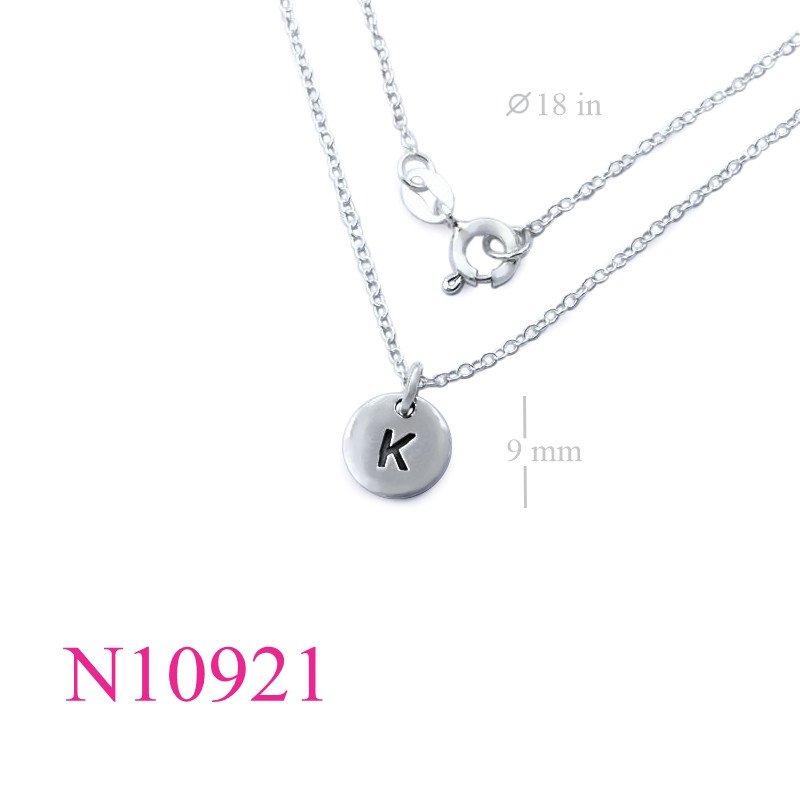 <p>Necklace, 18 inches chain and 9mm "K" round tag.</p>