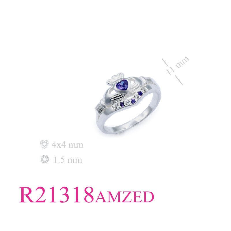 Stone Ring, Claddagh with heart CZ and small round CZs. + e coating.