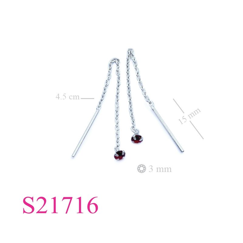 Stone Earrings, chain thru 3mm Ruby Glass with Rhodium plated.