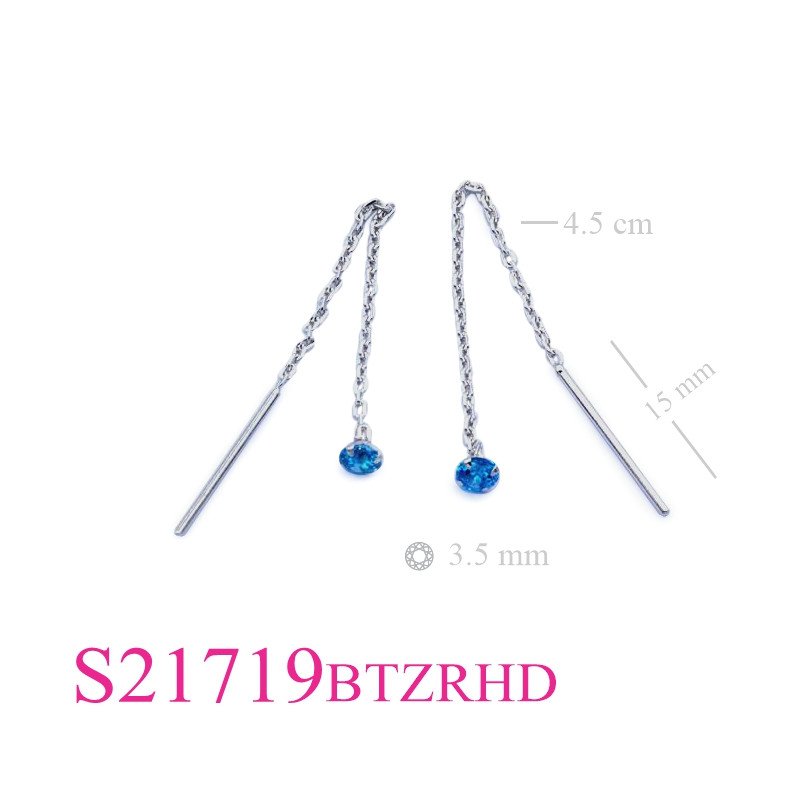 Earrings, chain thru 3.5mm round Blue Topaz CZ with Rhodium plated.