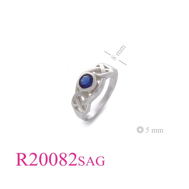 Stone ring, celtic with 5mm round dark blue glass.