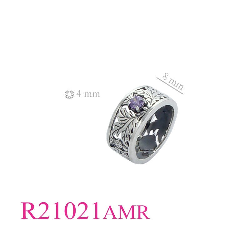 Ring, Thistles with 4mm round Real Amethyst stone.