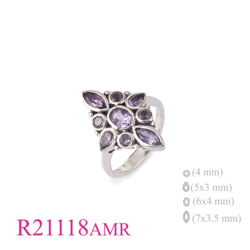 <p>Ring, oval, marquise, round, and drop Real Amethyst stones.</p>