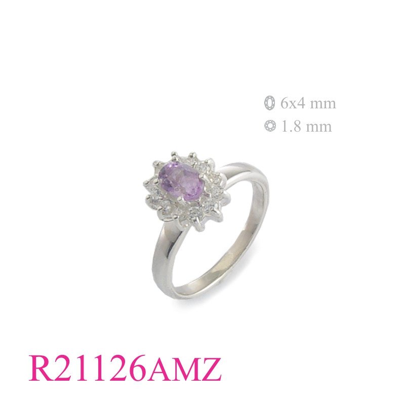 <p>Ring, 6x4mm oval Real Amethyst stone and round CCZs around.</p>
