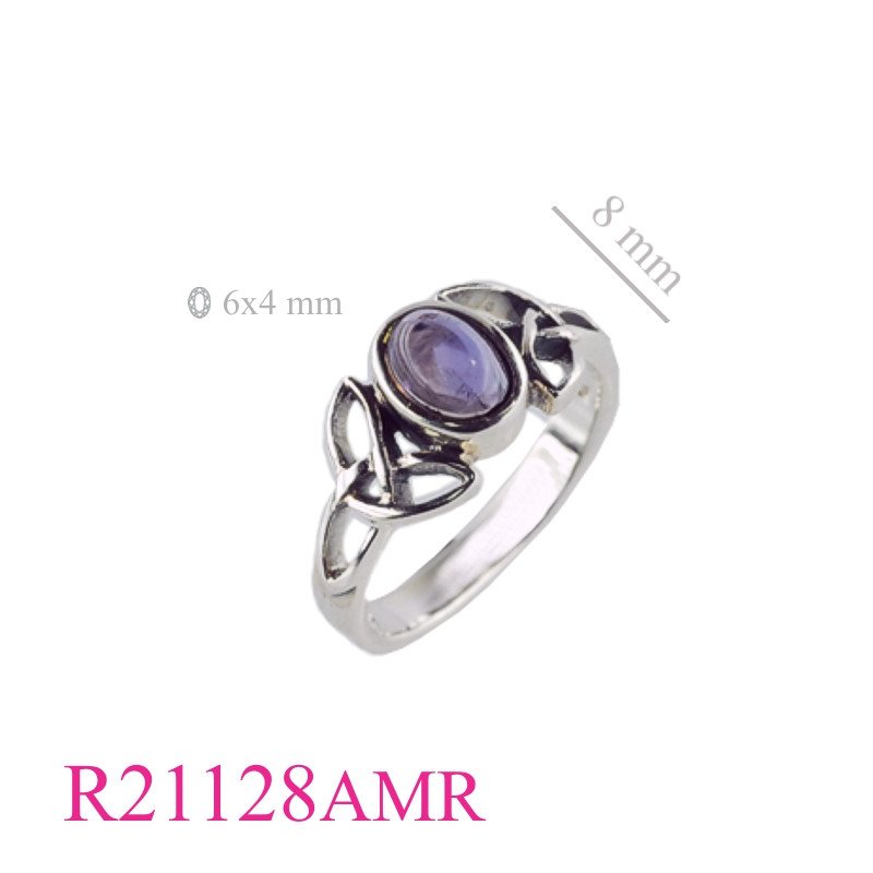 <p>Ring, Trinities and 6x4mm Real Amethyst cabochon oval stone.</p>