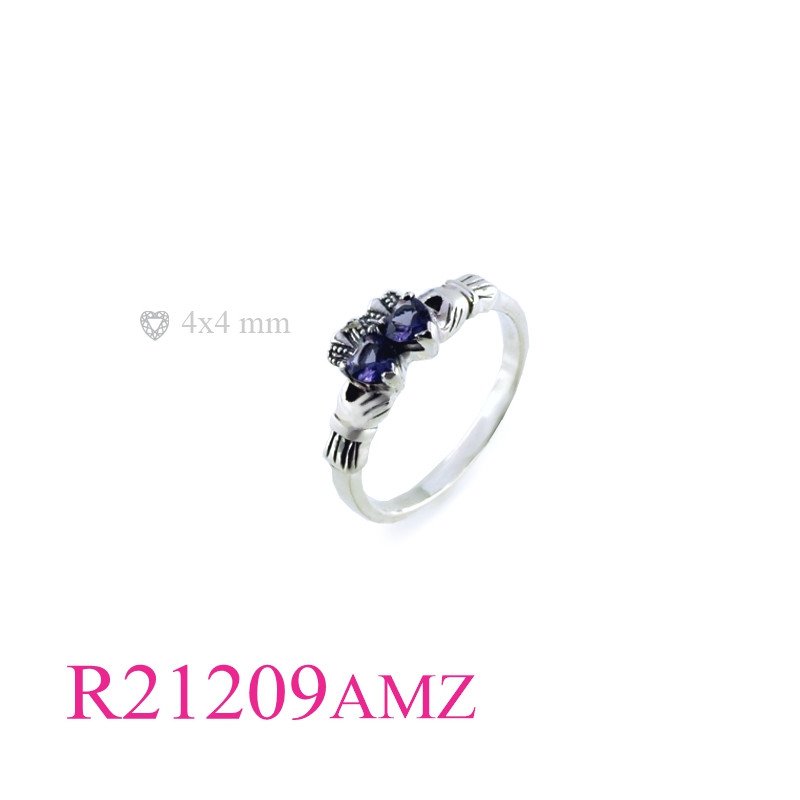 Stone Rings, double hearts Claddagh with Amethyst Glass stones.