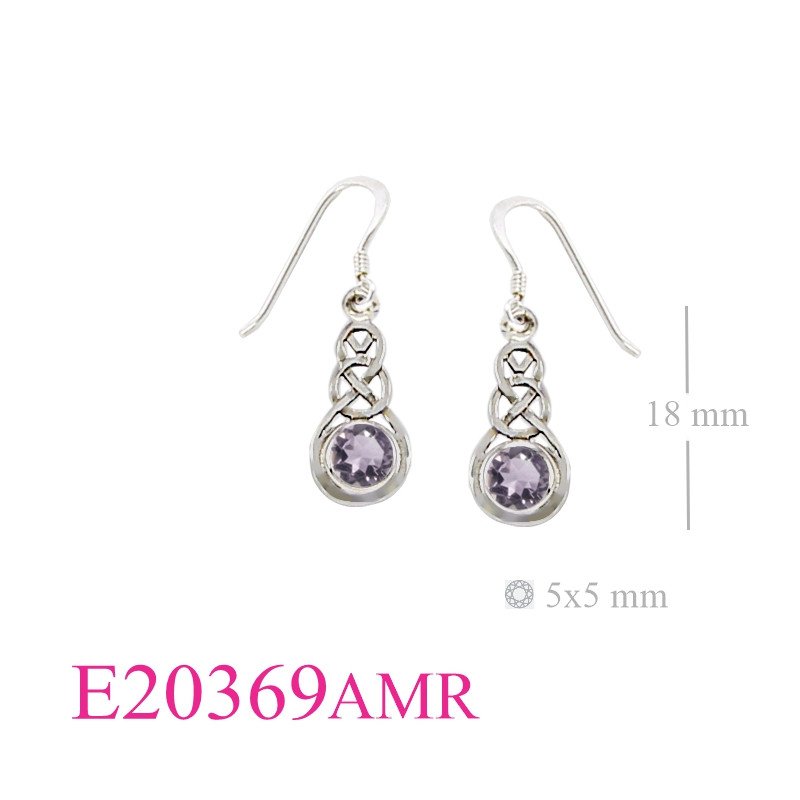 Stone Earrings, celtic with 5mm round Real Amethyst stone.