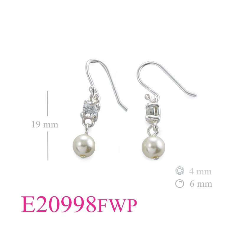 Stone Earrings, 4mm CCZ and hanging 6mm Fresh Water Perl.
