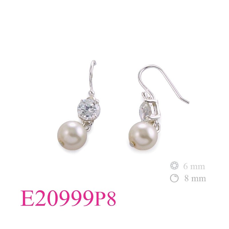 SStone Earrings, 6mm CCZ and hanging 8mm PP perl.
