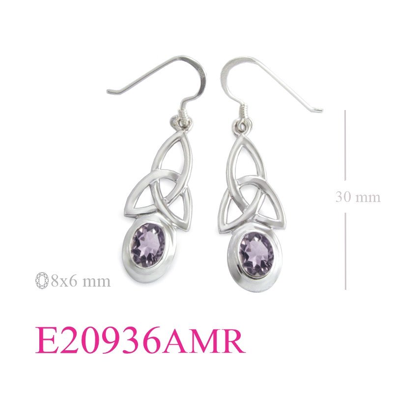 Stone Earrings, Trinity Celtic with Real Amethyst oval stone.