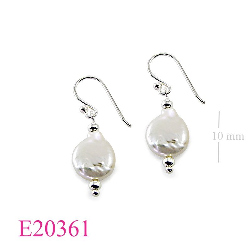 Stone Earrings, 10mm flat round fresh water perl.