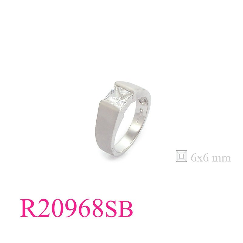 Stone Ring, 6mm square stone with sandblast and Rhodium plated.