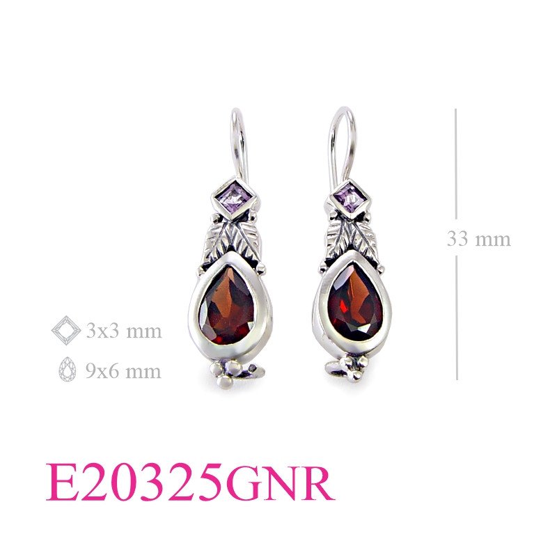 Stone Earrings, 9x6mm drop and 3mm square Real Garnet and Amethyst stones.