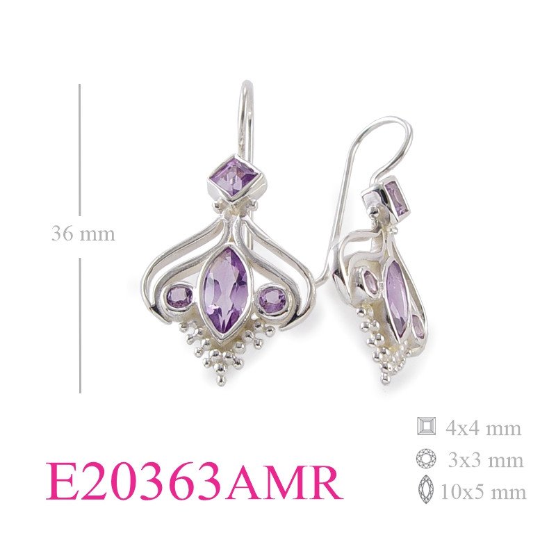 Stone Earrings, 10x5mm maquise 4mm square and 3mm round Real Amethyst stones.
