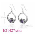 <p>Stone Earrings, hand skeleton Claddagh with heart Amethyst Glass.</p> - Image 2